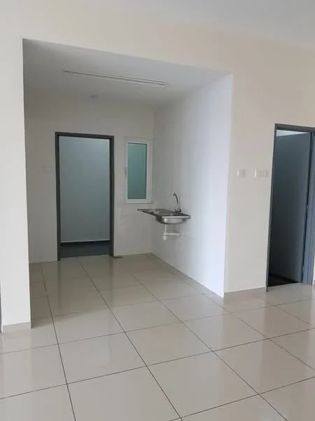 Room features: white painted walls, glossy ceramic tile flooring, single-bowl stainless-steel sink, window with white frame, two doors leading to other rooms, neutral color scheme, recessed ceiling lights; style: modern.