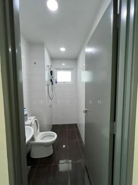 Bathroom features: white tiled walls, dark ceramic tile flooring, one-piece toilet, chrome basin mixer faucet, shower with handheld shower head, window for natural light, recessed LED downlights, sliding bathroom door; style: modern.