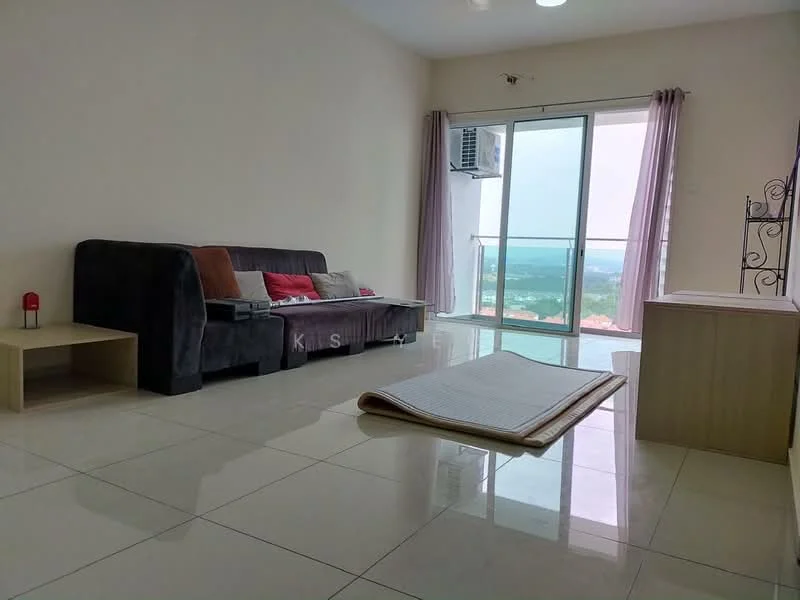 Living features: grey fabric sofa, red and beige decorative cushions, light-colored coffee table, floor-to-ceiling sliding glass door, curtains in light purple, wall-mounted split AC, glossy tile flooring, neutral painted walls, area rug, view of the city; style: modern; view: city.