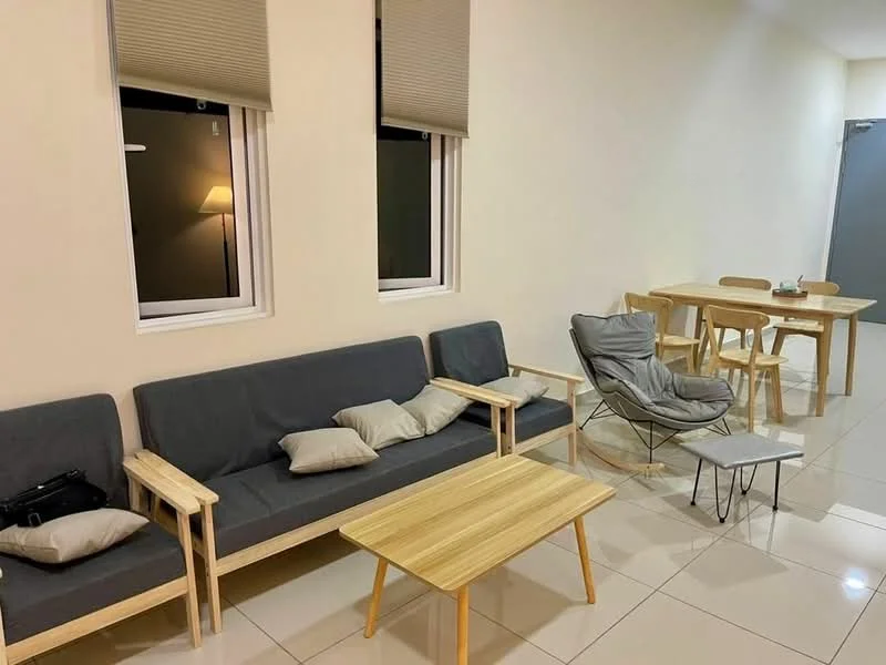 Living features: grey fabric sofa, wooden armchairs, light wood coffee table, light wood dining table, four wooden dining chairs, two windows with roller blinds, lampshade, cream painted walls, glossy tile flooring, decorative cushions; style: minimalist.