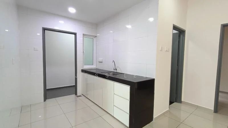 Kitchen features: white tiled walls, black granite countertop, white cabinetry with flat-panel doors, single-bowl stainless-steel sink, chrome pull-down faucet, recessed LED downlights, ceramic tile flooring, window with frosted glass, doorway leading to another room; style: modern.