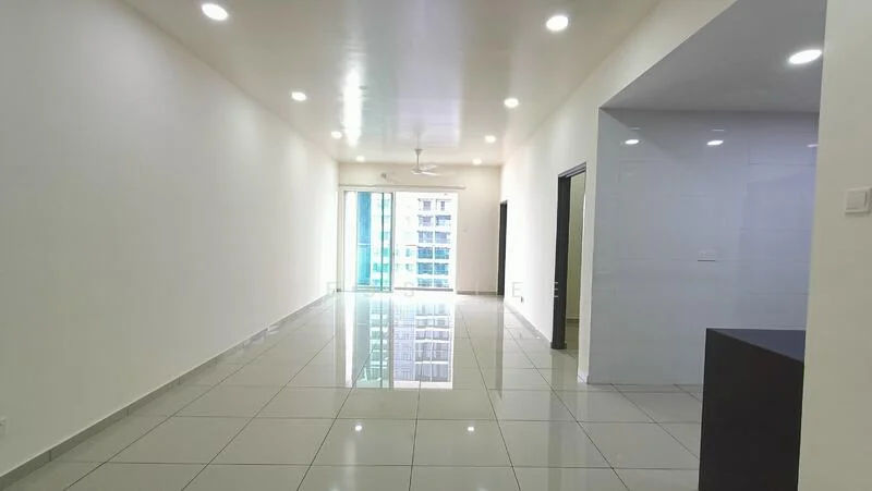 Living features: white painted walls, glossy ceramic tile flooring, recessed downlights, 5-blade ceiling fan, floor-to-ceiling windows, sliding glass door, open layout, natural light, mirror finish on flooring; style: modern; view: city.