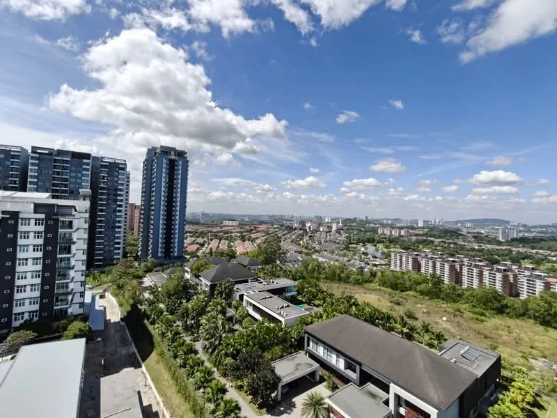 Exterior type: high-rise condominium; features: city skyline view, surrounded by greenery, multiple high-rise buildings, residential area in the foreground, open sky with clouds, urban landscape, hills in the background; style: modern.
