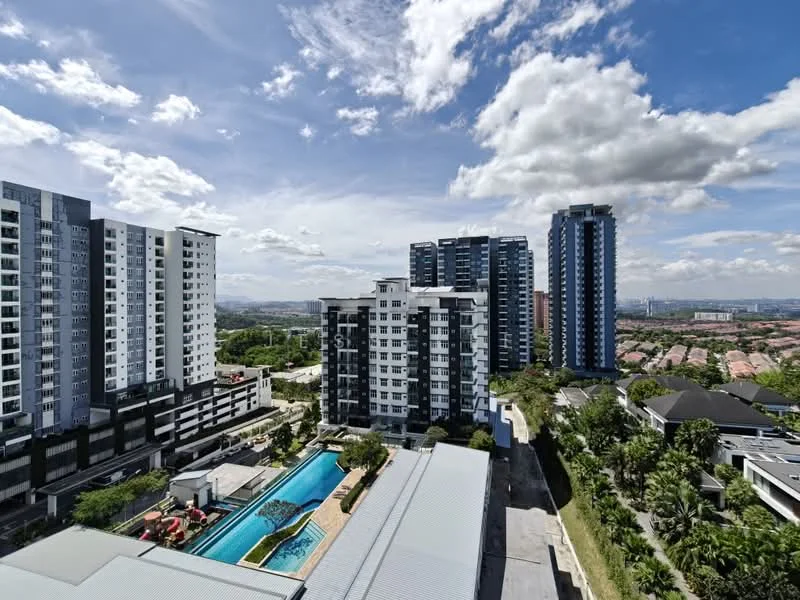 Exterior type: high-rise condominium; features: glass curtain wall, white painted facade, recessed balconies, infinity pool, pool deck with loungers, landscaped garden, surrounded by mature greenery, multiple high-rise buildings, urban context with residential area, skyline view in background; style: modern.