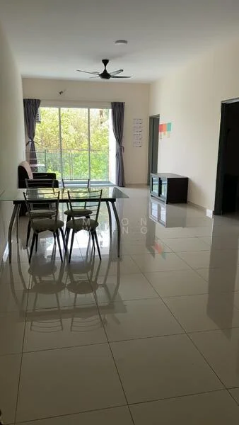 Living features: large floor-to-ceiling windows, sliding glass door, grey curtains, 5-blade ceiling fan, white painted walls, glossy ceramic tile flooring, glass dining table, 4 dining chairs, sofa in dark color, TV console, decorative wall art, open layout; style: modern; view: garden.