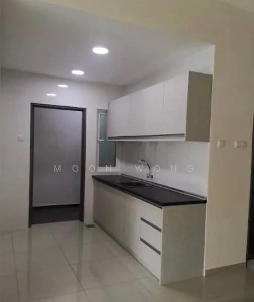 Kitchen features: white cabinetry with flat-panel doors, black granite countertop, single-bowl stainless-steel sink, chrome pull-down faucet, ceramic tile flooring, recessed LED downlights, wall-mounted cabinet, sliding glass door to pantry, neutral wall color; style: modern.