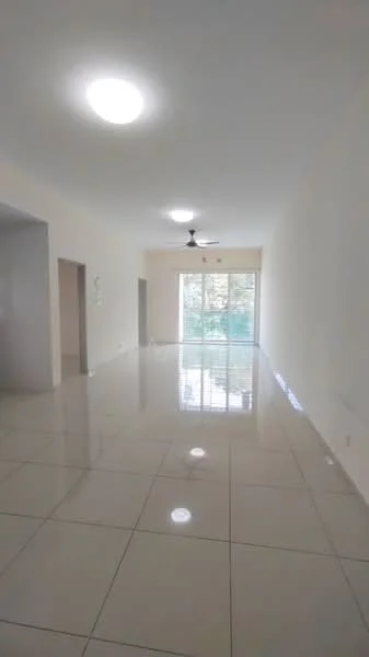 Room features: white painted walls, glossy ceramic tile flooring, 5-blade ceiling fan with light, sliding glass door, floor-to-ceiling windows, natural light from windows, neutral color scheme, open layout; style: modern; view: garden.
