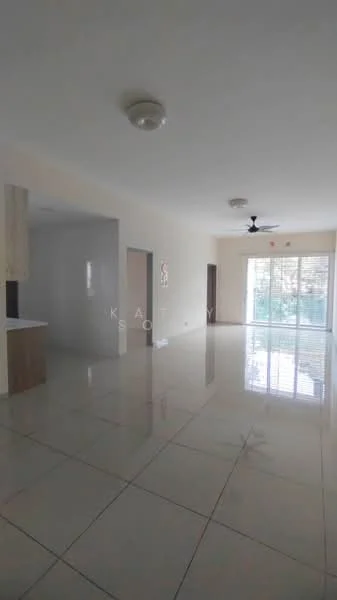 Living features: glossy ceramic tile flooring, white painted walls, 5-blade ceiling fan, large sliding glass door, natural light from windows, neutral color scheme, open layout, no visible furniture; style: modern; view: garden. Kitchen features: kitchen island, white cabinetry, countertop with overhang, no visible appliances; style: modern.