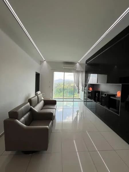 Living features: 3-seater leather sofa in light grey, glossy black feature wall, large floor-to-ceiling windows, sheer curtains, recessed LED downlights, polished ceramic tile flooring, decorative wall shelves, mountain view; style: modern; view: mountain.