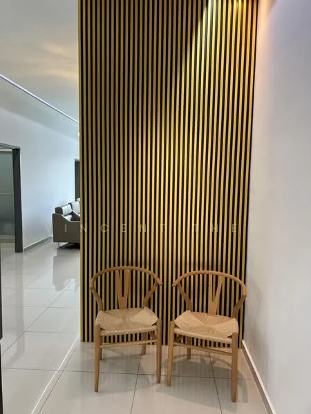 Room features: striped accent wall in black and yellow, white painted walls, glossy white tile flooring, two wooden chairs with woven seats, recessed ceiling lights, minimalist decor; style: modern.