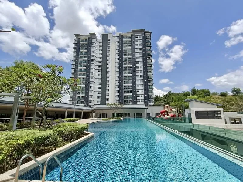 Exterior type: high-rise condominium; features: swimming pool with mosaic tile, landscaped garden with greenery, children's playground, outdoor dining area, manicured lawn, modern building facade with glass and concrete, multiple storeys, sunny weather with blue sky and clouds; style: modern.