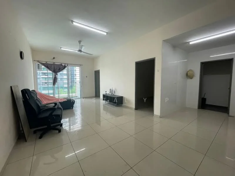 Living features: white painted walls, glossy ceramic tile flooring, 5-blade ceiling fan with light, sofa in black leather, coffee table, TV console, floor-to-ceiling windows, curtains, natural light, open layout; style: modern; view: city. Room features: white painted walls, glossy ceramic tile flooring, doorway leading to another room.