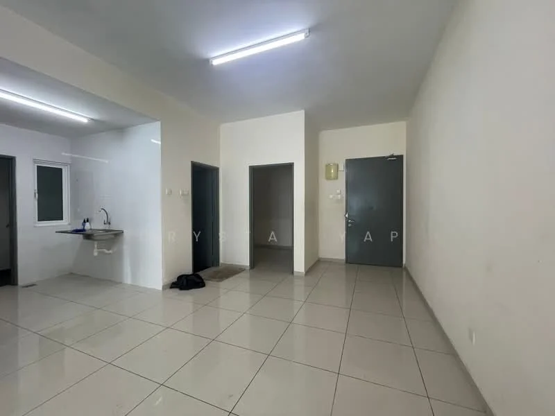 Room features: white painted walls, glossy ceramic tile flooring, fluorescent ceiling lights, single-bowl stainless-steel sink, open layout, doorway leading to another room, doorway leading to bathroom, no visible furniture; style: minimalist.