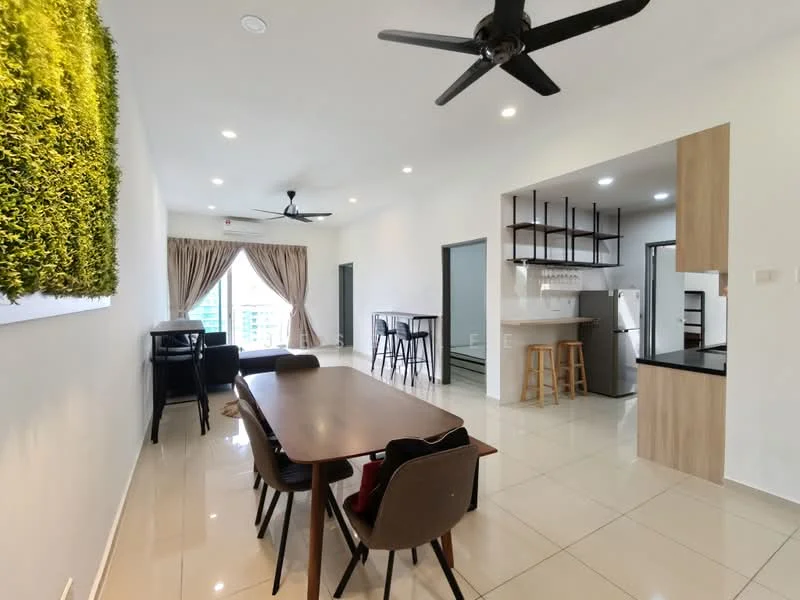 Living features: white painted walls, glossy tile flooring, 5-blade ceiling fan with light, recessed LED downlights, large windows with city view, dining table with 6 chairs, bar counter with 2 stools, sofa, decorative wall with greenery, curtains, open layout to kitchen; style: modern; view: city. Kitchen features: white cabinetry, stainless-steel fridge, built-in oven, 4-burner gas hob, black countertop, open shelving, bar counter, tile backsplash; style: modern.
