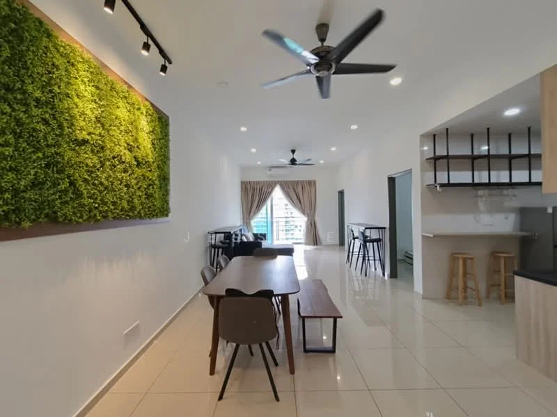Living features: white painted walls, glossy tile flooring, 5-blade ceiling fan, recessed downlights, large windows with city view, dining table with wooden top, 4 dining chairs, green wall feature, sofa area, curtains, open layout to kitchen, bar stools at kitchen counter; style: modern; view: city. Kitchen features: black countertop, wood cabinetry, stainless-steel sink, built-in stove, bar counter with stools; style: modern.