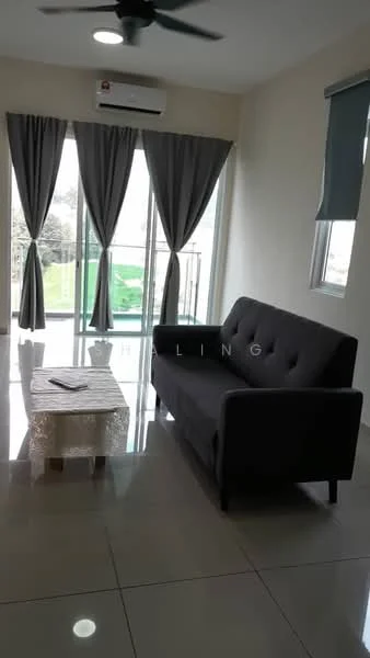 Living features: 3-seater fabric sofa in grey, coffee table, floor-to-ceiling windows, curtains in grey, white walls, glossy tile flooring, wall-mounted split AC, ceiling fan; style: modern; view: garden.