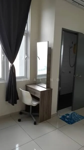 Room features: two windows with sheer curtains, grey wall, white tiled flooring, wooden study desk with mirror, white rolling chair, door leading to bathroom, blue bath mat, shower head visible in bathroom; style: modern.