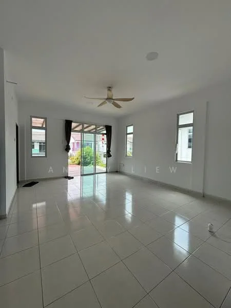Living features: white painted walls, glossy ceramic tile flooring, 5-blade ceiling fan, floor-to-ceiling windows, sliding glass door, sheer curtains, natural light, open layout, access to outdoor area; style: modern; view: garden.