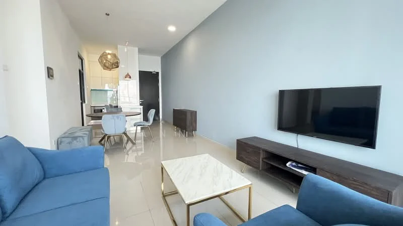 Living features: blue fabric sofa, gold coffee table with marble top, TV console, wall-mounted TV, recessed downlights, cream tiled flooring, light blue painted walls, decorative wall art, open layout to dining area; style: modern. Dining features: 6-seater dining table, upholstered dining chairs, open kitchen layout; style: modern.