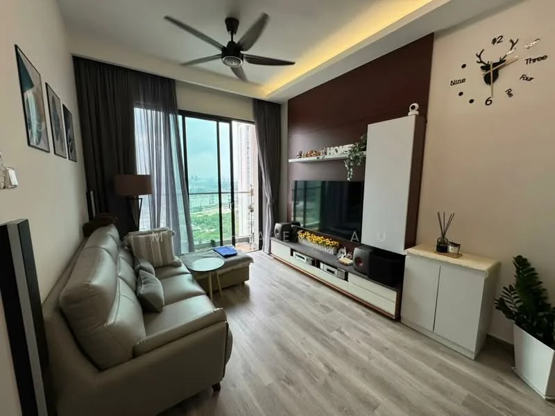 Living features: 3-seater leather sofa in light grey, coffee table, wall-mounted TV, TV console with storage, floor-to-ceiling windows, curtains, ceiling fan with light, wooden flooring, decorative plants, wall clock, framed artwork, shelf with decorative items; style: modern; view: city.