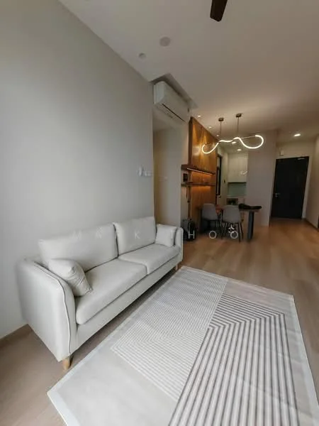 Living features: light-colored fabric sofa, area rug with geometric pattern, wooden flooring, recessed downlights, wall-mounted air conditioning unit, open-plan layout, dining table with chairs visible in background, kitchen cabinetry visible in background; style: modern.