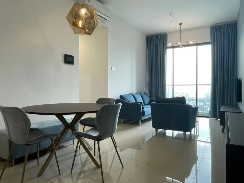 Living features: floor-to-ceiling windows, city view, grey fabric sofa, 2-seater sofa, 3-seater dining table, upholstered dining chairs, pendant light fixture, recessed downlights, TV console, polished tile flooring, curtains, air conditioning unit; style: modern; view: city.
