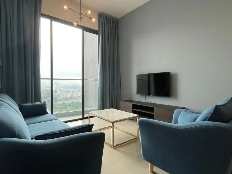 Living features: 2-seater fabric sofa in blue, 3-seater fabric sofa in blue, glass coffee table with gold frame, wall-mounted TV, floor-to-ceiling windows, curtains in light blue, light fixture with multiple bulbs, neutral tile flooring, wooden TV console; style: modern; view: city.