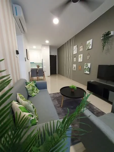 Living features: grey fabric sofa, green decorative cushions, black coffee table, area rug, wall-mounted TV, TV console, recessed downlights, ceiling fan, greenery decor, feature wall with vertical lines, light-colored walls, cream tiled flooring; style: modern.