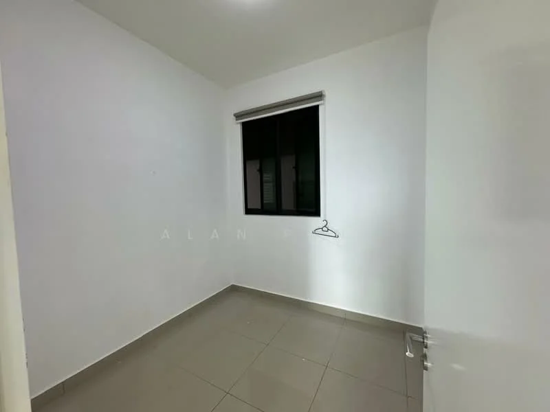 Room features: white painted walls, grey tiled flooring, black window with grid, single hanging hook, no visible furniture, minimal decor, standard door, ceiling light; style: minimalist.
