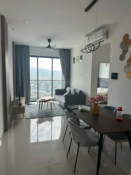 Living features: 3-seater fabric sofa in grey, coffee table, area rug, floor-to-ceiling windows, city view, 5-blade ceiling fan, recessed downlights, wall-mounted TV, decorative wall art, curtains, polished tile flooring; style: modern; view: city. Dining features: 6-seater dining table, upholstered dining chairs, decorative centerpiece, wall-mounted artwork; style: modern; view: city.
