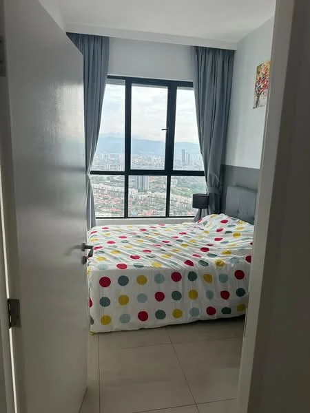 Bedroom features: queen-size bed with polka dot bedding, floor-to-ceiling windows, grey upholstered headboard, light grey painted walls, curtains in grey, tile flooring, decorative artwork on wall, city view from window; style: modern; view: city.