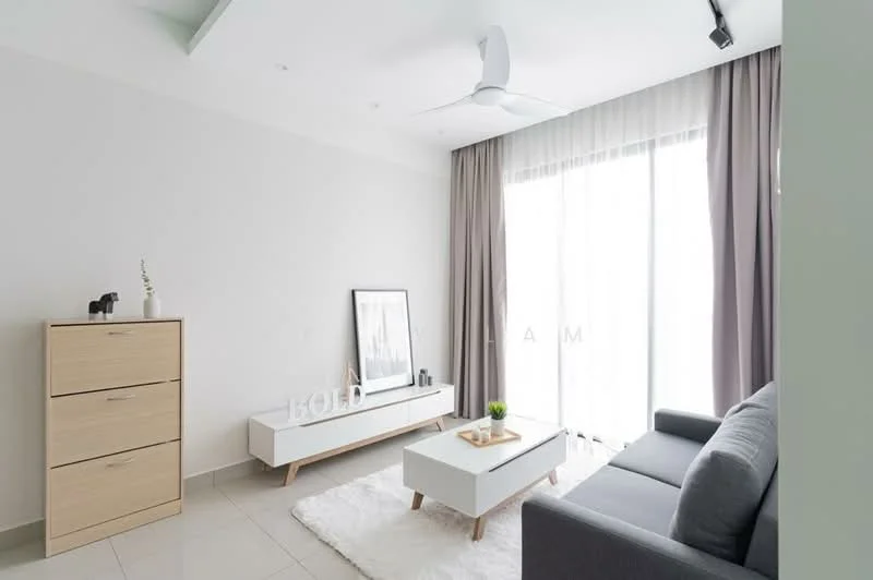 Living features: grey fabric sofa, white coffee table, wooden sideboard with drawers, area rug, floor-to-ceiling windows, sheer curtains, ceiling fan, recessed downlights, decorative plant, framed artwork; style: modern.