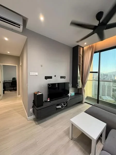 Living features: grey painted walls, light wood flooring, 5-blade ceiling fan with light, recessed LED downlights, wall-mounted TV, black TV console, white coffee table, floor-to-ceiling windows with city view, curtains, cable management system; style: modern; view: city. Room features: doorway leading to another room, office chair visible in adjacent room.