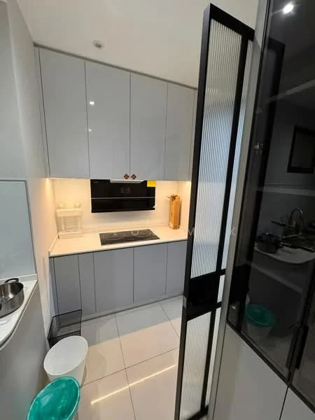 Kitchen features: grey cabinetry, white countertop, built-in cooktop, black backsplash, recessed lighting, white tile flooring, glass door, kitchen waste bin, kitchen utensils holder, small kitchen appliances, open shelving, sink, modern faucet; style: modern.