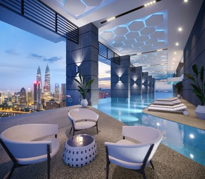 Exterior type: high-rise condominium; features: infinity pool, pool deck with loungers, city skyline view, glass railing, modern architectural design, hexagonal ceiling design, ambient LED lighting, outdoor seating area, tropical landscaping, potted plants; style: modern.