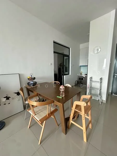 Dining features: wooden dining table, 4 dining chairs, high chair, white walls, grey tiled flooring, large window, minimalist decor, wall clock, framed artwork; style: modern.