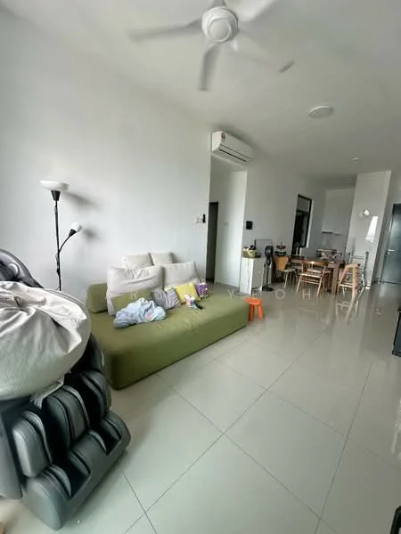 Living features: green fabric sofa, white throw pillows, floor lamp, ceiling fan, wall-mounted air conditioning unit, white painted walls, glossy tile flooring, small orange stool, dining area visible in background, decorative items on sofa; style: modern.
