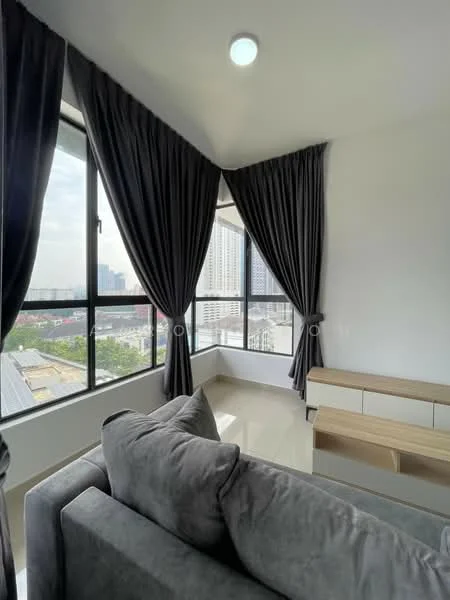 Living features: grey fabric sofa, floor-to-ceiling windows, blackout curtains, light-colored wall, recessed ceiling light, wooden TV console, polished tile flooring, city view; style: modern; view: city.