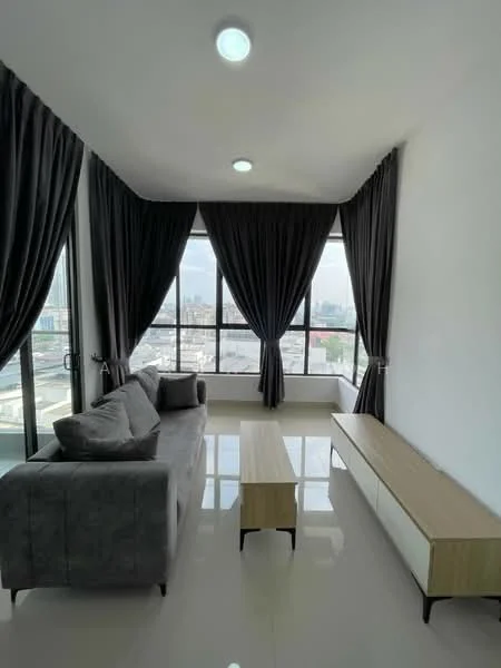 Living features: grey fabric 3-seater sofa, wooden coffee table, light wood TV console, floor-to-ceiling windows, blackout curtains, white painted walls, glossy tile flooring, recessed LED downlights; style: modern; view: city.