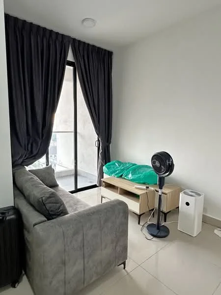 Living features: grey fabric sofa, coffee table, black standing fan, white air purifier, floor-to-ceiling windows, black curtains, cream tiled flooring, white painted walls; style: modern.