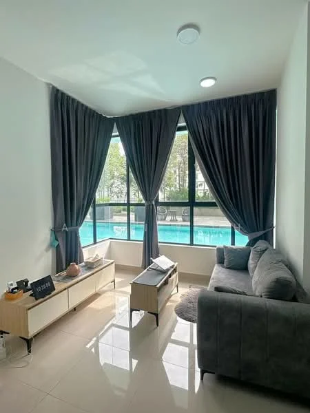 Living features: grey fabric sofa, wooden coffee table, floor-to-ceiling windows, blackout curtains, light-colored walls, glossy tile flooring, recessed downlights, decorative clock, view of swimming pool, side table; style: modern; view: pool.