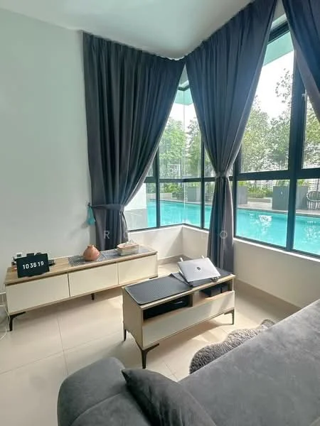 Living features: floor-to-ceiling windows, grey curtains, light-coloured sideboard, decorative vase, laptop on table, coffee table, grey sofa, neutral tile flooring, view of swimming pool; style: modern; view: pool.