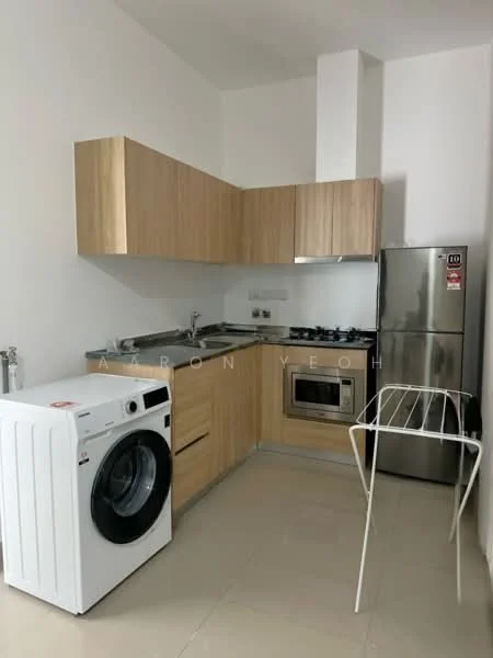Kitchen features: light wood cabinetry, stainless-steel refrigerator, built-in oven, 4-burner gas hob, single-bowl stainless-steel sink, chrome pull-down faucet, white washing machine, countertop with backsplash, tile flooring, wall-mounted microwave, folding drying rack; style: modern.