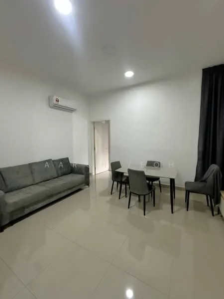 Living features: 3-seater fabric sofa in grey, dining table with 4 chairs, wall-mounted split AC, white painted walls, glossy tile flooring, recessed downlights, blackout curtains, doorway leading to another room; style: modern.