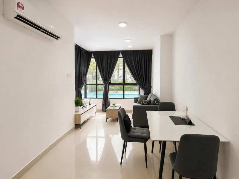 Living features: white painted walls, glossy tile flooring, 5-blade ceiling fan with light, floor-to-ceiling windows, blackout curtains, grey fabric sofa, coffee table, dining table with white top, 4 grey upholstered dining chairs, decorative plant, TV console, wall-mounted air conditioning unit; style: modern; view: pool.