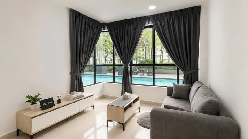 Living features: grey fabric sofa, wooden coffee table, white painted walls, glossy tile flooring, floor-to-ceiling windows, blackout curtains, decorative plant in ceramic pot, wall clock; style: modern; view: pool.