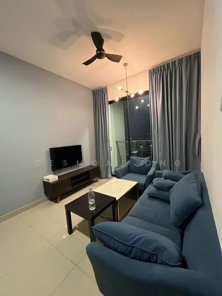 Living features: 3-seater fabric sofa in blue, 2-seater fabric sofa in blue, coffee table with white top, TV console in dark wood, wall-mounted TV, ceiling fan with 3 blades, curtains in light blue, white painted walls, tile flooring, balcony door with glass panel; style: modern; view: city.