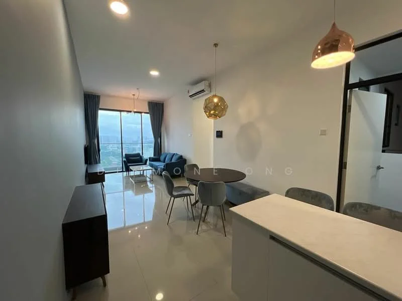 Living features: floor-to-ceiling windows, grey curtains, white painted walls, polished tile flooring, round dining table, 4 upholstered dining chairs, 2-seater sofa, TV console, pendant lighting, air conditioning unit; style: modern; view: city.