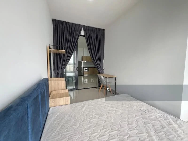 Bedroom features: grey painted walls, floor-to-ceiling windows, sliding glass door, dark grey curtains, wooden desk, wooden shelving unit, upholstered headboard, unmade bed with mattress; style: modern; view: city.