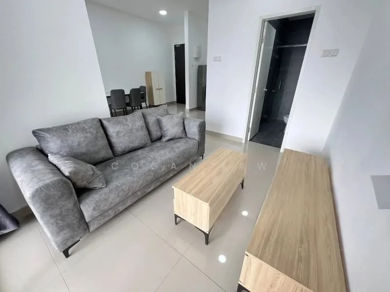 Living features: grey fabric 3-seater sofa, light wood coffee table, light wood TV console, white painted walls, tile flooring, recessed downlights, floor-to-ceiling windows, open layout to dining area; style: modern.